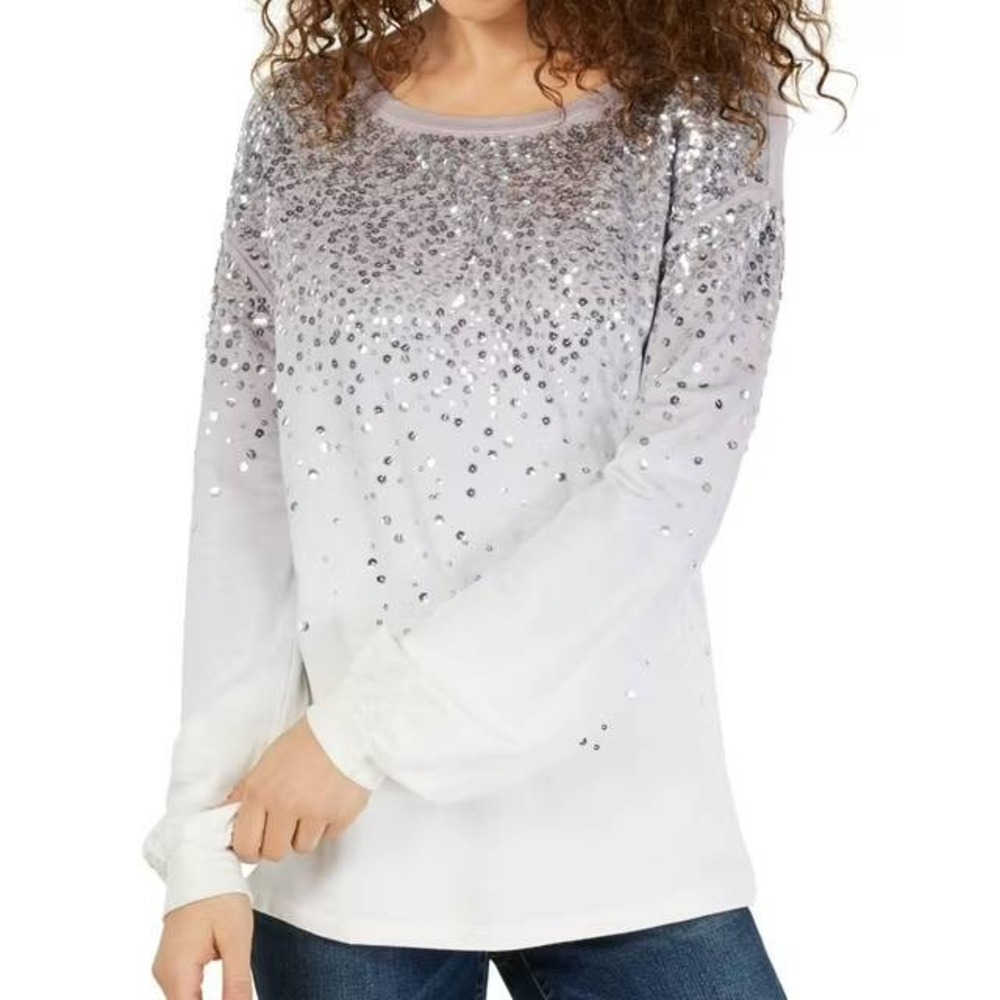 INC INTERNATIONAL CONCEPTS lavendar to gray white silver sequins Ombre top L